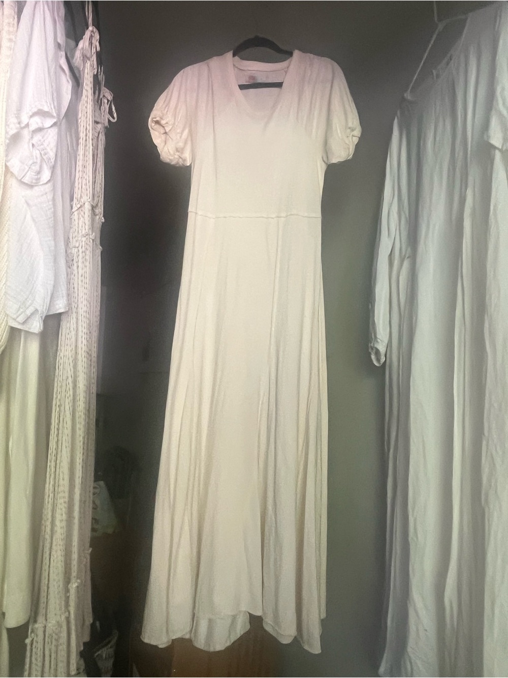 Free People Cream V-Neck Maxi Dress with Puff Sleeves